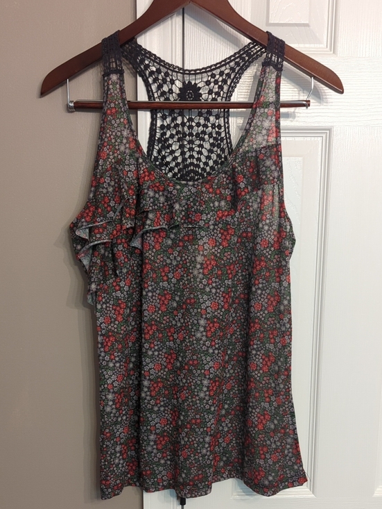 Eyeshadow Tops - Y2K Floral Ruffle Crochet Racerback Tank Boho Cottage Coastal